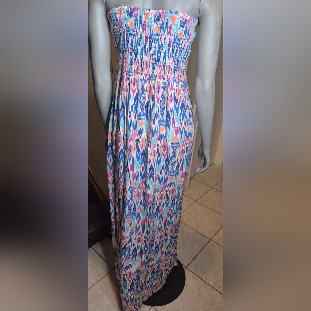 GAP Strapless Maxi Dress in Blue and Pink. - Picture 2 of 12